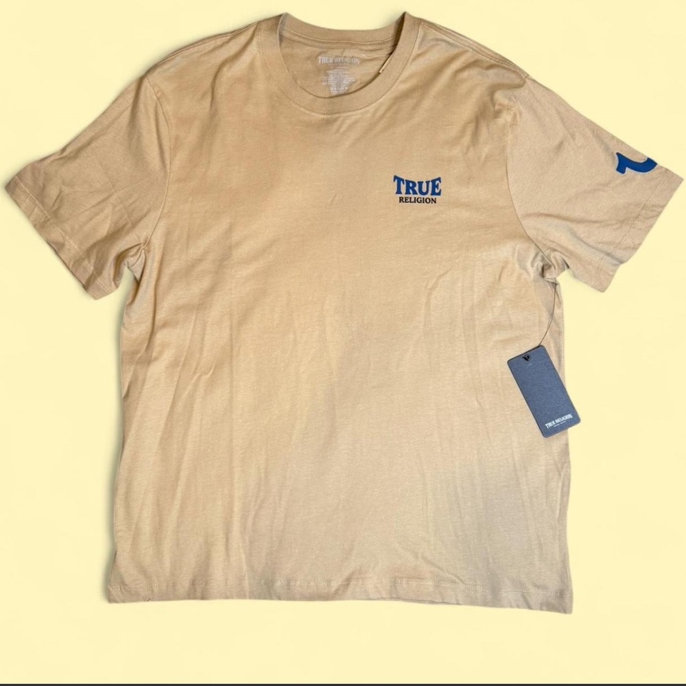 True Religion Tan Short Sleeve Tee with Blue Logo
